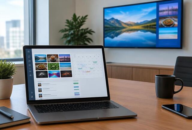Laptop showing a digital signage content scheduling dashboard with a wall screen behind