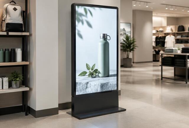 Freestanding digital poster screen showing a product promotion inside a shop