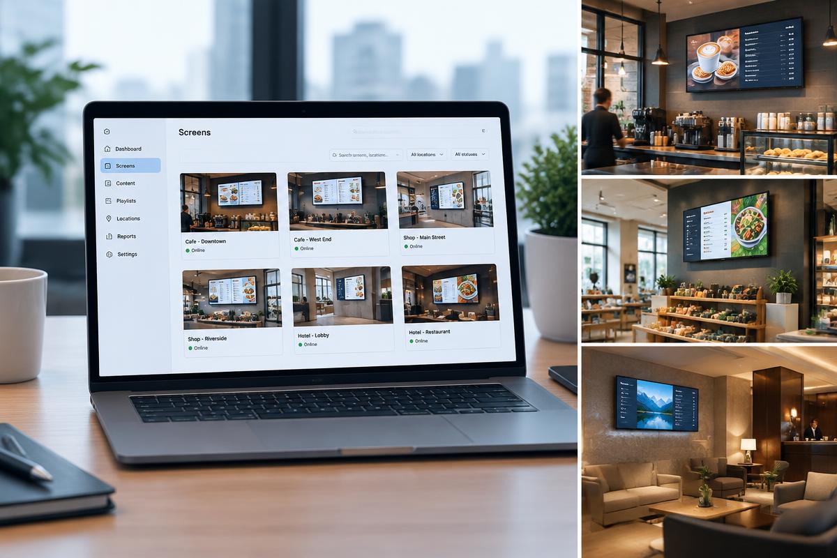 Cloud content management dashboard controlling screens in a café, shop and hotel