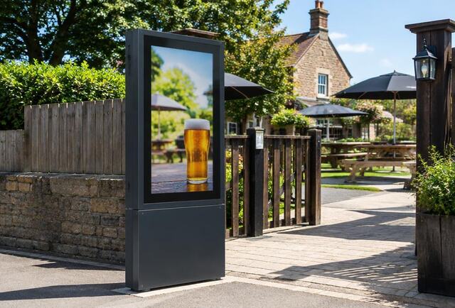 Outdoor digital signage totem at the entrance to a pub garden