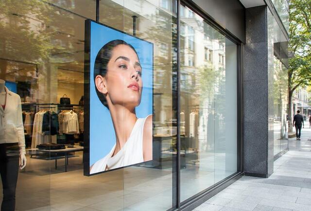 High-brightness digital display hanging in a shop window, visible from the street in daylight